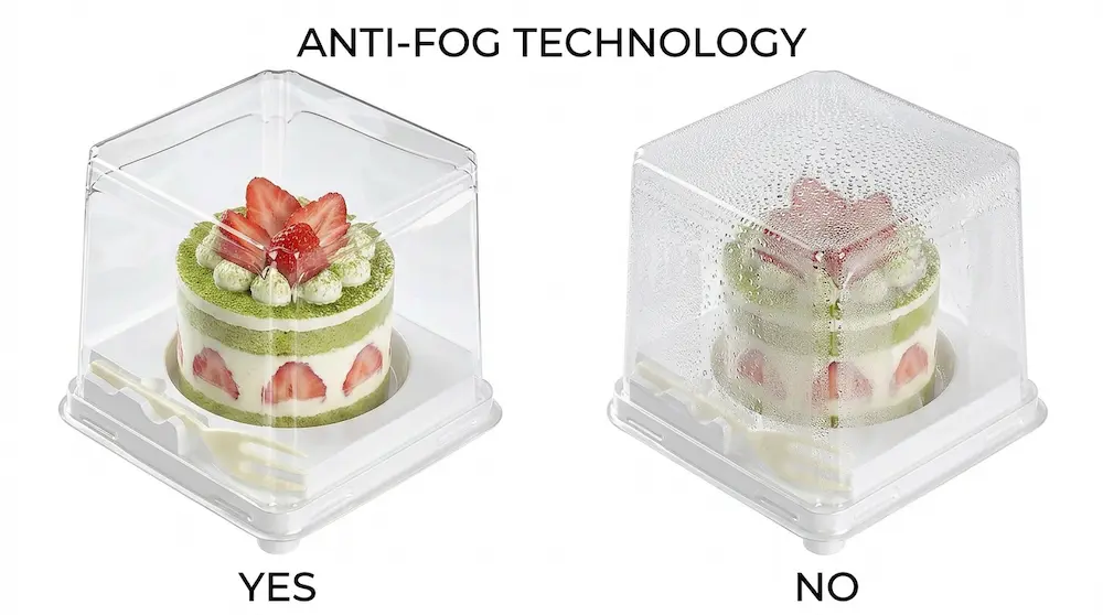 Clear PET Dessert Container with Fork GLD-300 anti-fog technology comparison for mini cake packaging