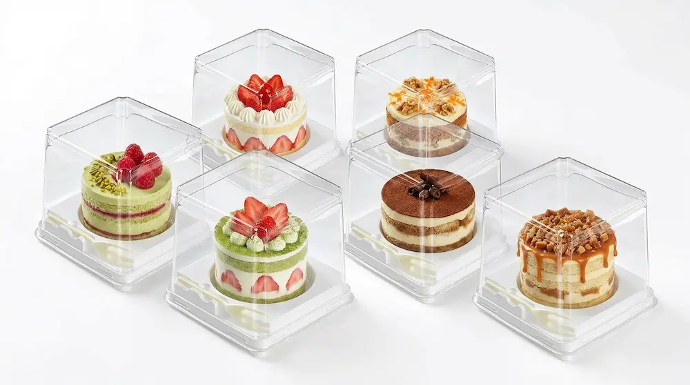 Clear PET Dessert Container with Fork GLD-300 assorted mini cake packaging display