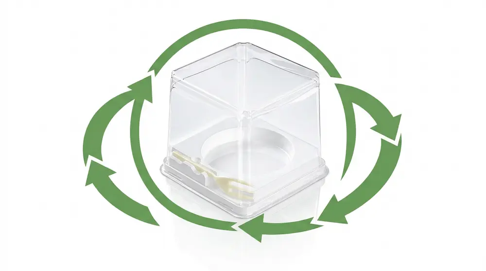 Clear PET Dessert Container with Fork GLD-300 recyclable PET dessert packaging concept