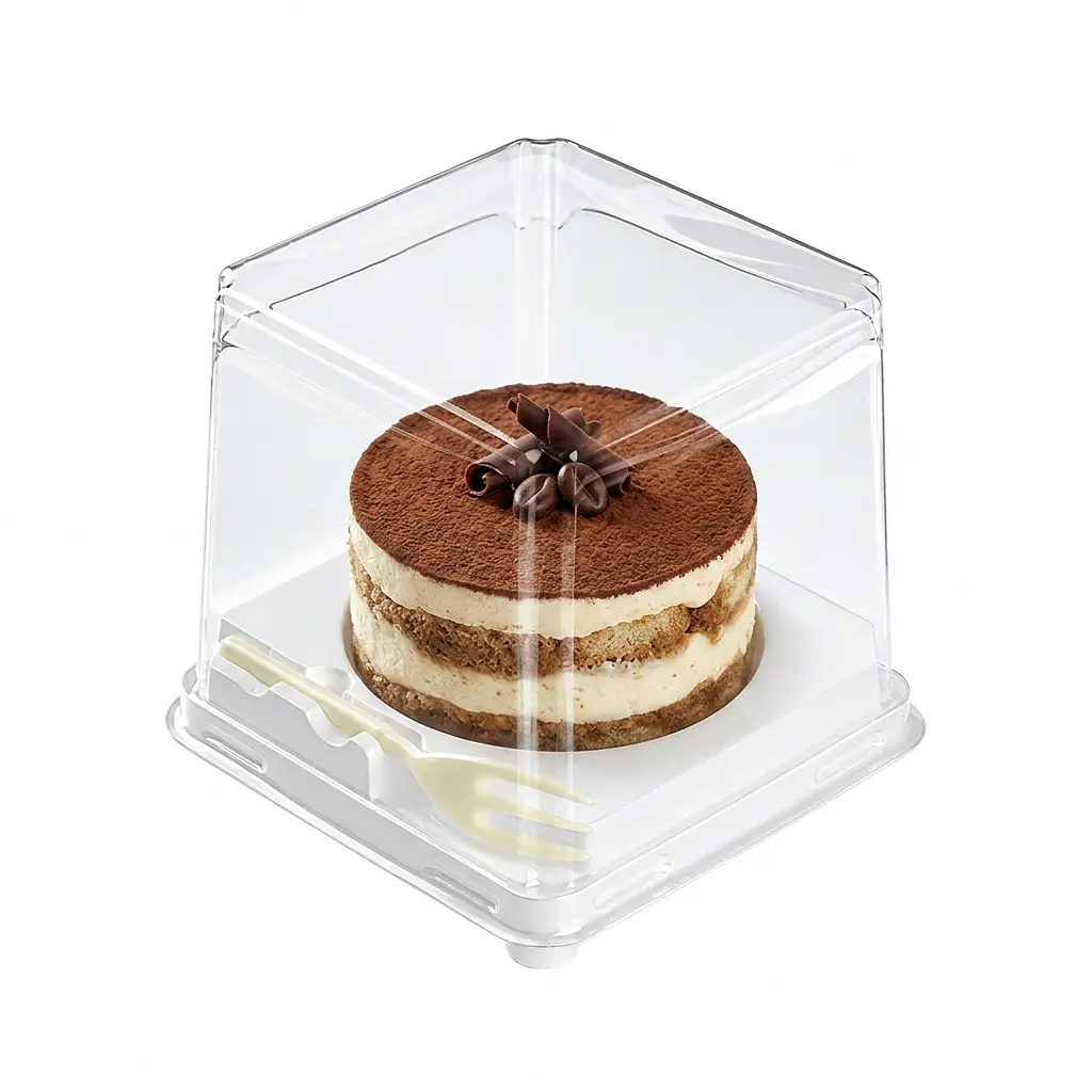 Clear PET Dessert Container with Fork GLD-300 for tiramisu mini cake packaging