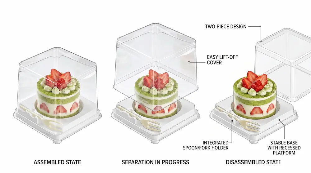 Clear PET Dessert Container with Fork GLD-300 two-piece design and integrated fork holder
