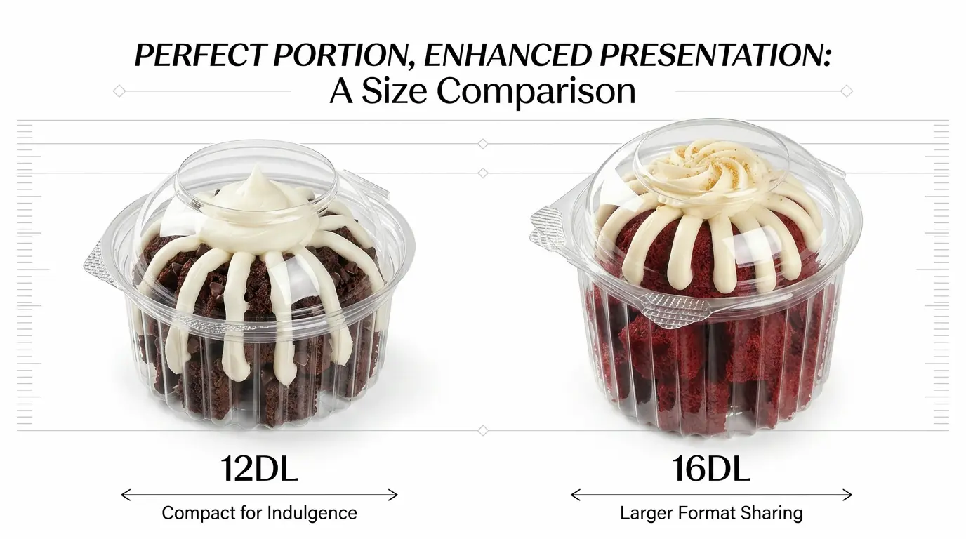 Clear PET dome dessert containers 12DL and 16DL size comparison for mini cakes