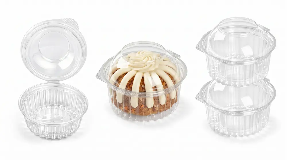 Clear RPET dome dessert container with open lid filled cake and stackable design