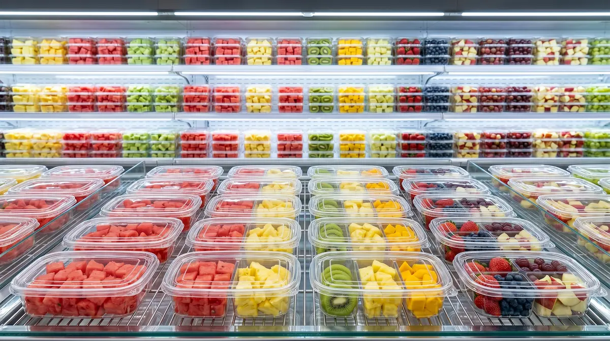 Clear PET four-compartment containers for fresh-cut fruit and snacks in chilled retail display case