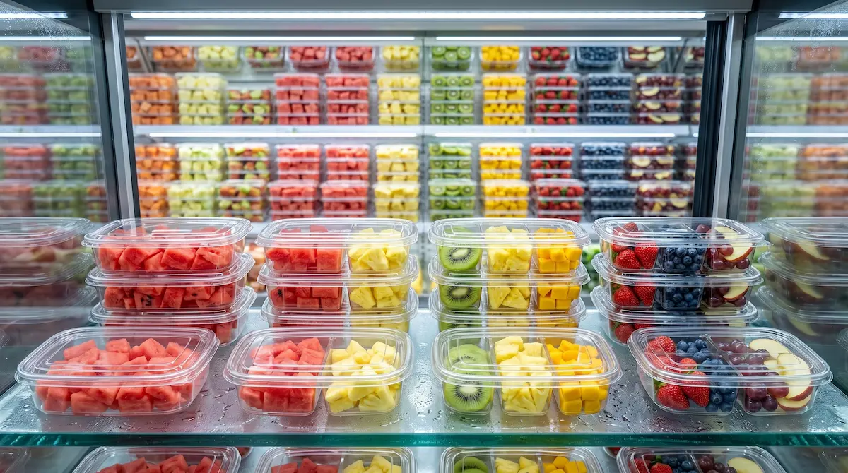 Clear PET four-compartment fruit snack containers displayed in convenience store refrigerated shelf