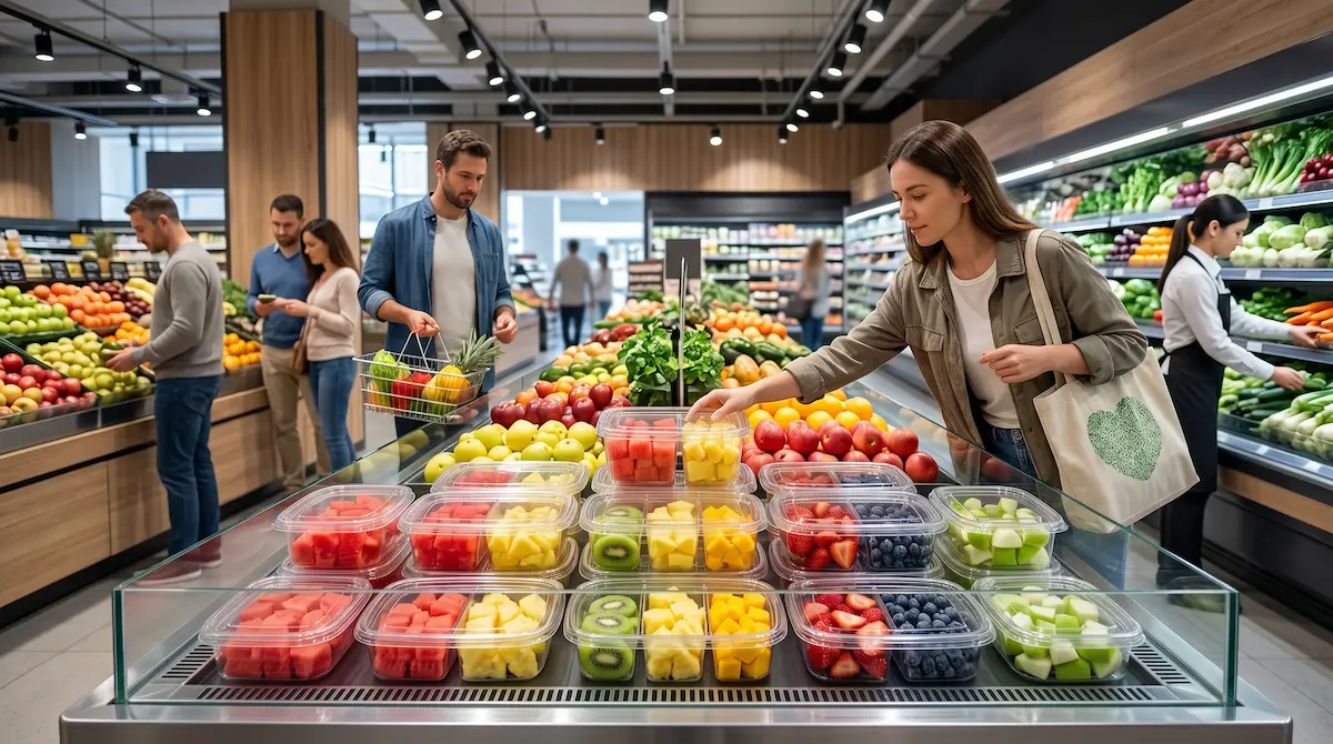 Clear PET fruit and nut containers with anti-fog lids in supermarket refrigerated display, featuring 17OZ 500ML two-compartment packaging options