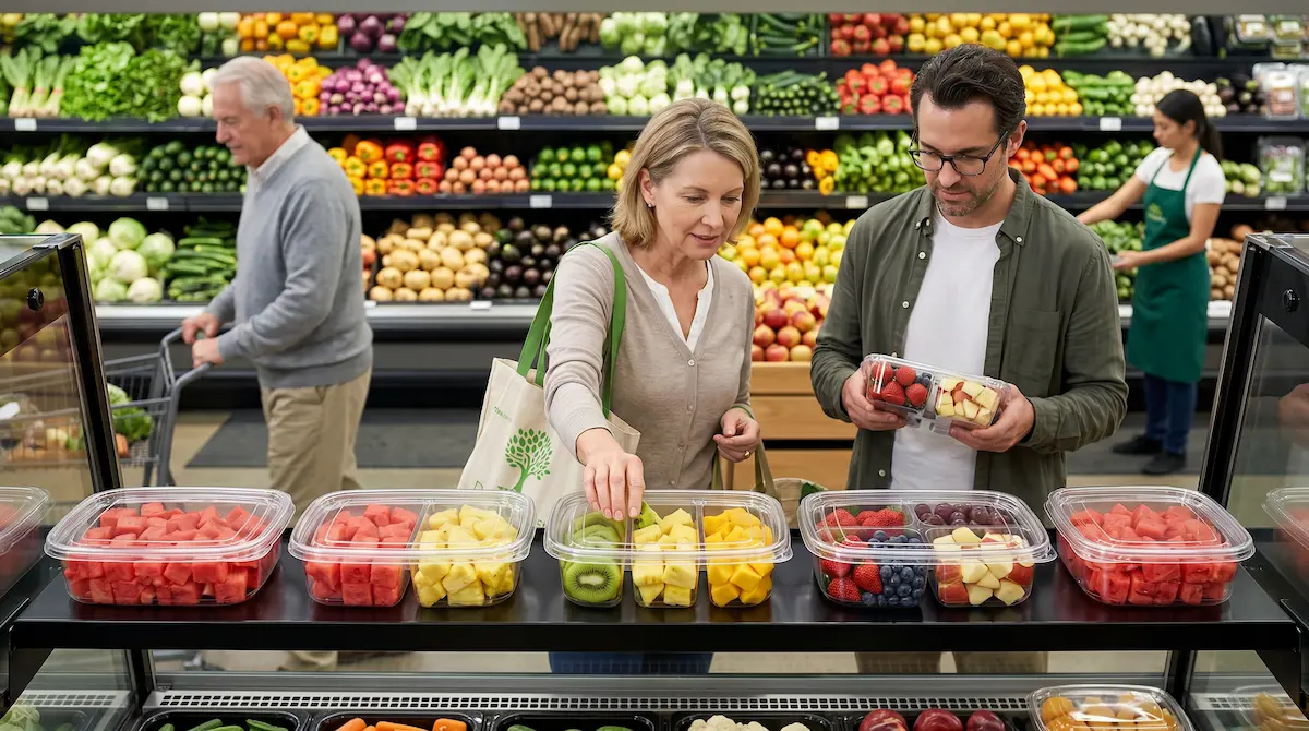 Clear PET fruit and snack containers with anti-fog lids displayed in a glass supermarket showcase