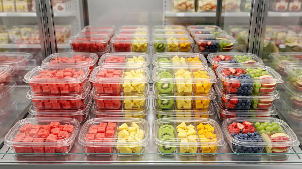 Clear PET fruit and snack containers displayed in chilled retail case, featuring 17OZ 500ML three-compartment packaging options