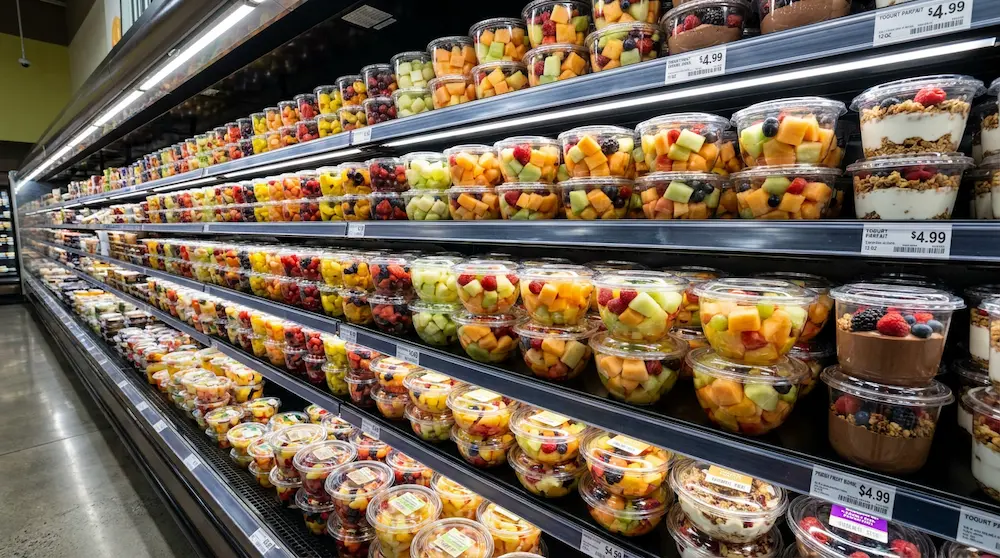Clear PET fruit bowls with anti-fog dome lids for supermarket fresh-cut fruit and dessert displays
