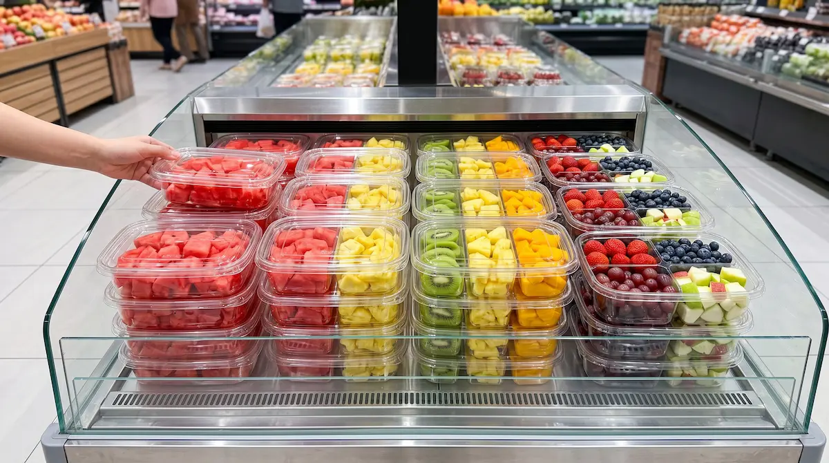 Clear PET fruit containers with anti-fog lids in family-friendly supermarket refrigerated display