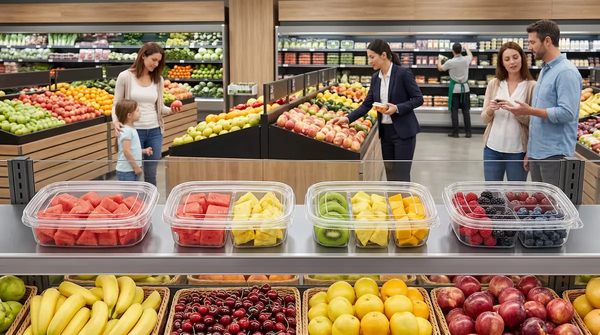 clear PET single-compartment fruit containers for mango cubes and fresh-cut fruit in premium supermarket cooler