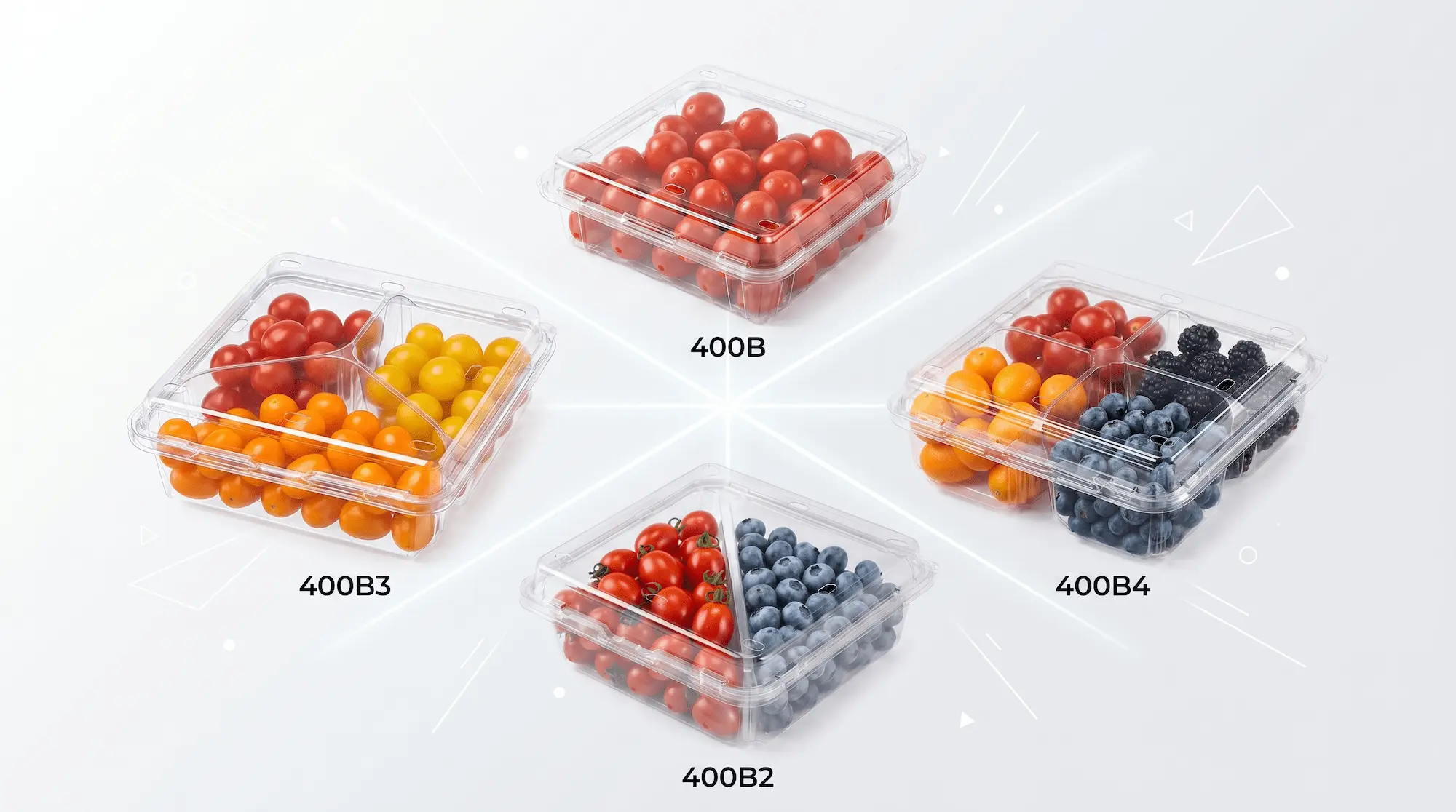 Clear PET Hinged Clamshell Container series with single, two, three, and four compartment options for fresh fruit packaging