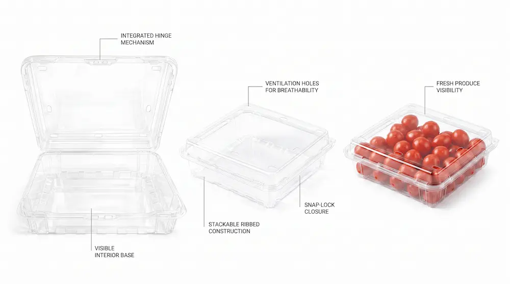 Clear PET Hinged Clamshell Container with ventilation holes and snap-lock closure