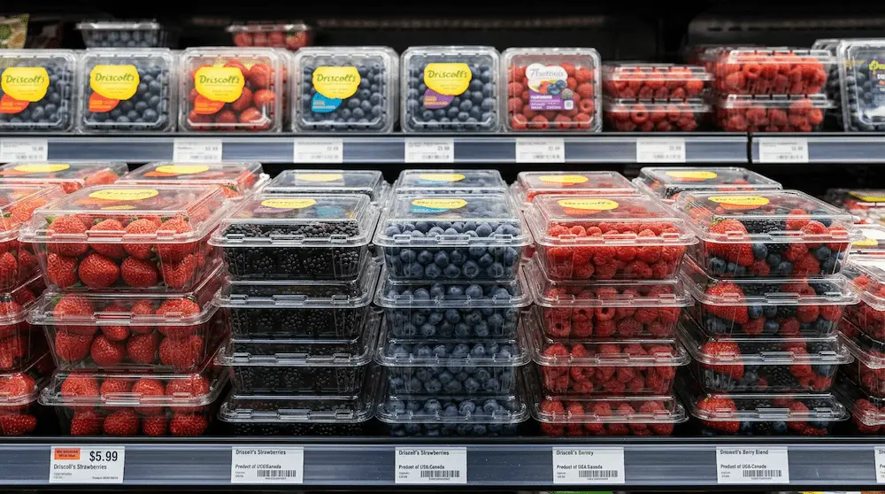 Clear PET hinged clamshell containers for fresh berry retail packaging in supermarket produce aisle
