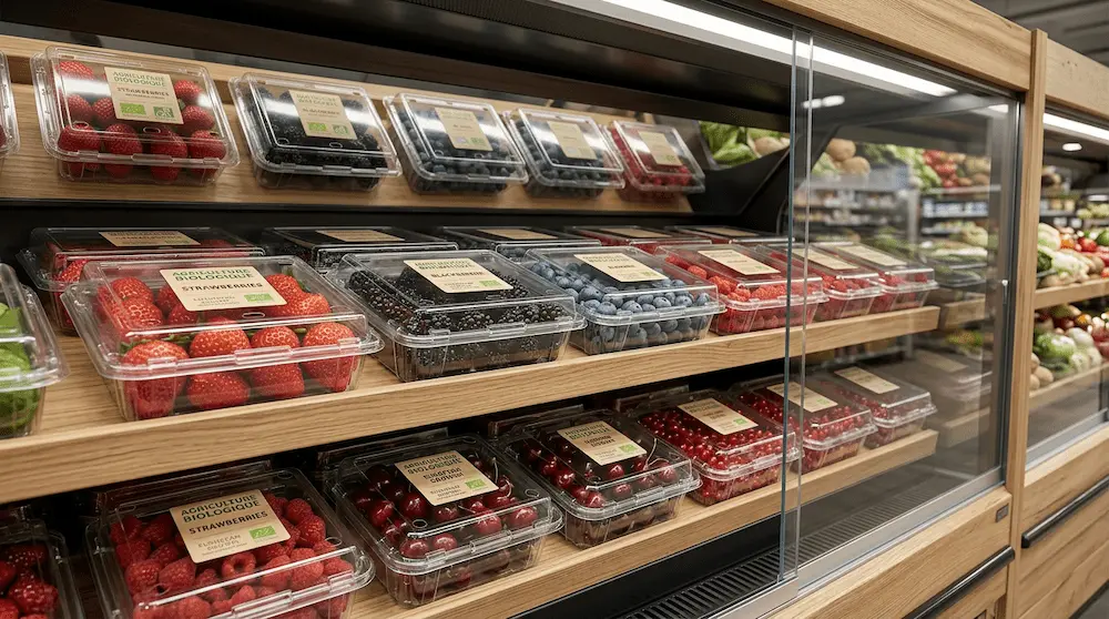 Clear PET hinged clamshell containers for organic berry packaging in grocery refrigerated display