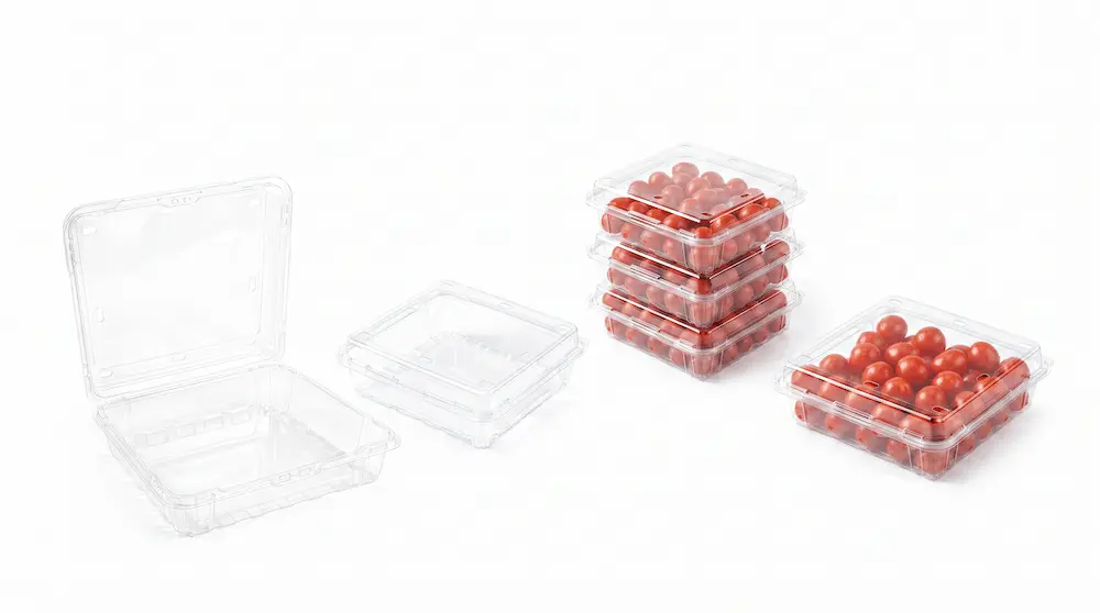 Clear PET Hinged Clamshell Container shown open, stacked, and filled with tomatoes
