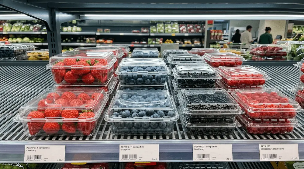 Clear PET hinged clamshell containers for supermarket strawberry blueberry blackberry and raspberry display