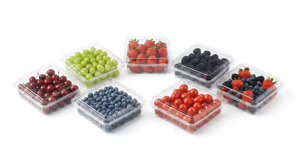 Clear PET Hinged Clamshell Containers for assorted berry and grape packaging
