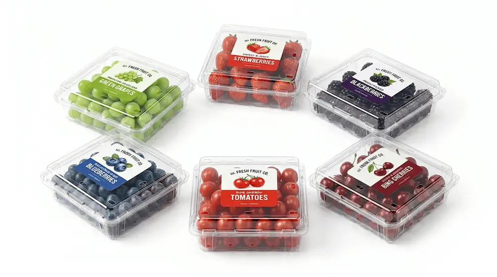 Clear PET Hinged Clamshell Containers with fruit label designs