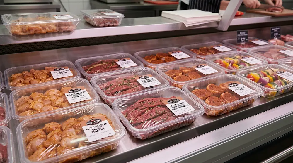 Clear PET meat trays for barbecue meat and marinated grill products in butcher display