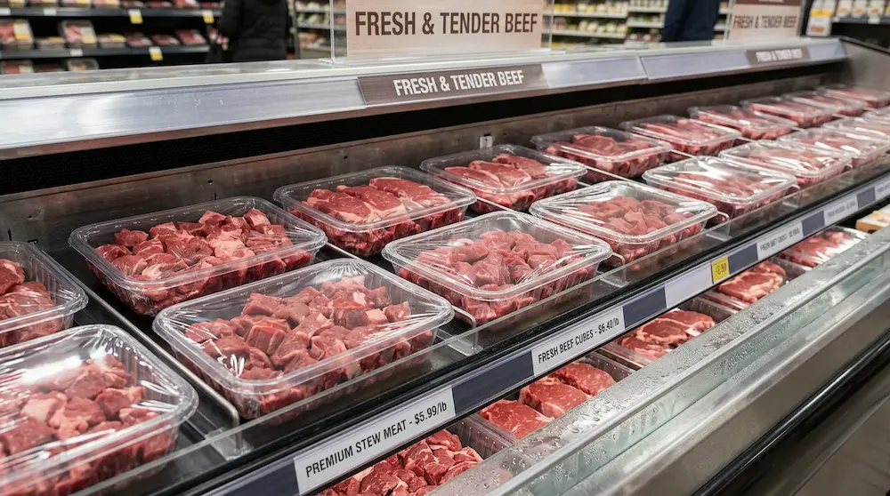 Clear PET meat trays for fresh beef cubes and steak display in supermarket meat section