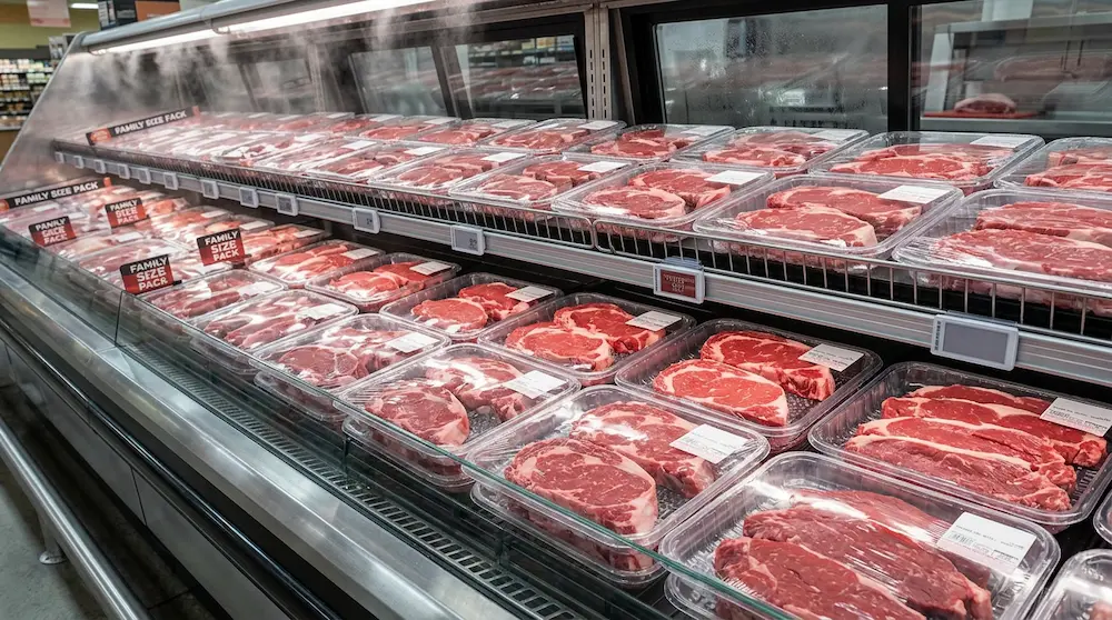 Clear PET meat trays for fresh beef display in refrigerated supermarket shelf