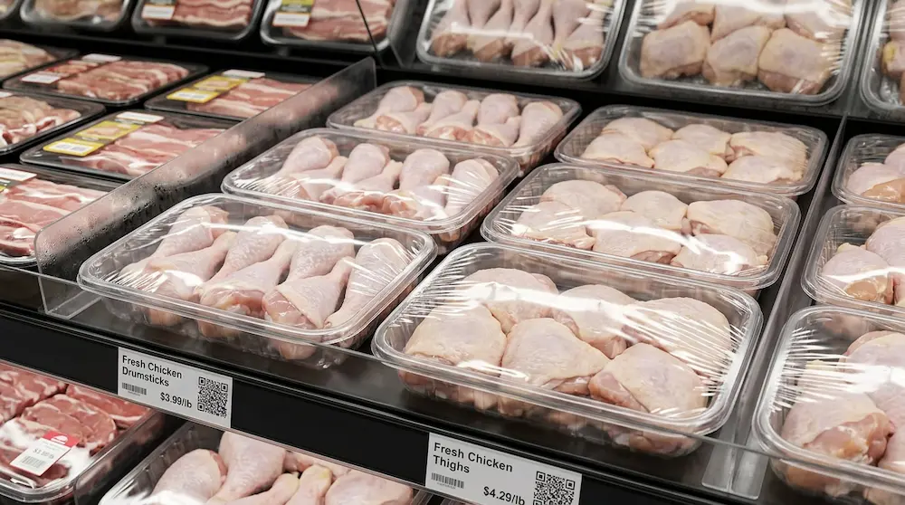 Clear PET meat trays for fresh chicken drumsticks and thighs on supermarket shelf