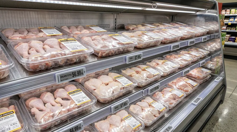 Clear PET meat trays for fresh poultry packaging in supermarket shelf