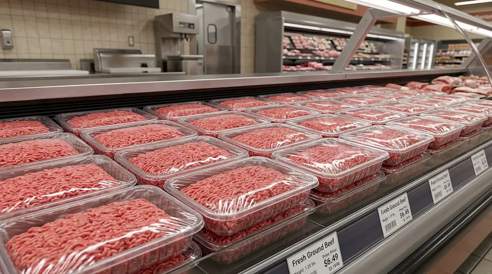 Clear PET meat trays for ground beef packaging in upscale supermarket meat section