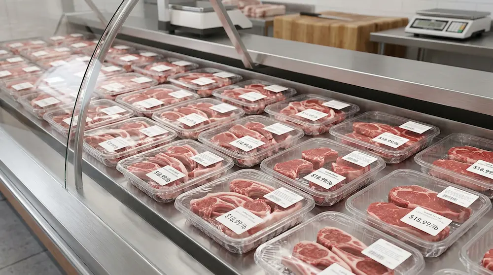Clear PET meat trays for fresh lamb and beef display in butcher counter