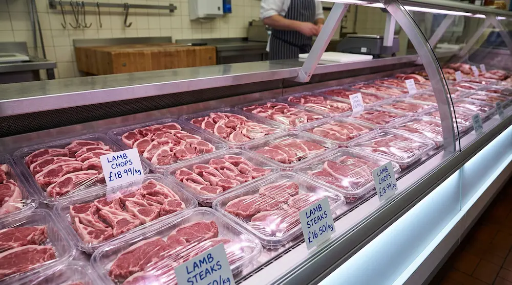 Clear PET meat trays for lamb chops and steaks in butcher counter