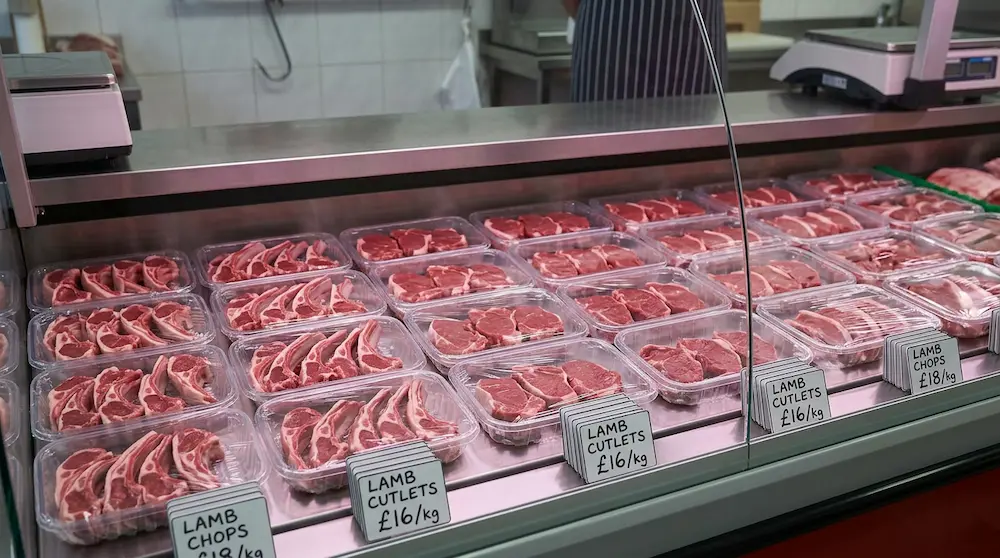 Clear PET meat trays for lamb chops and cutlets in neighborhood butcher shop