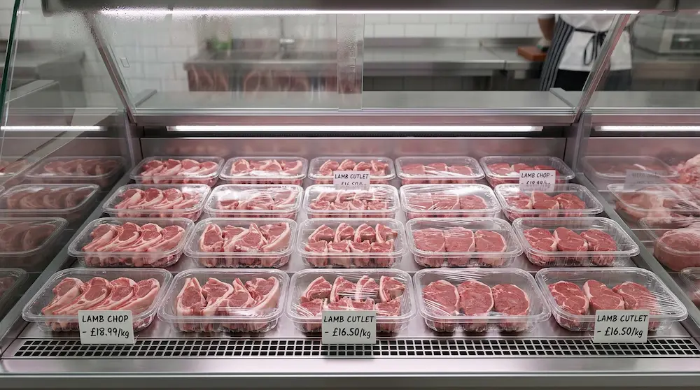 Clear PET meat trays for lamb chop and cutlet display in chilled butcher case