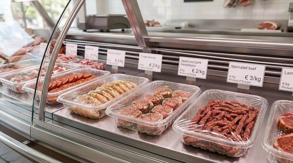 Clear PET meat trays for marinated meat and prepared meat display in European butcher shop