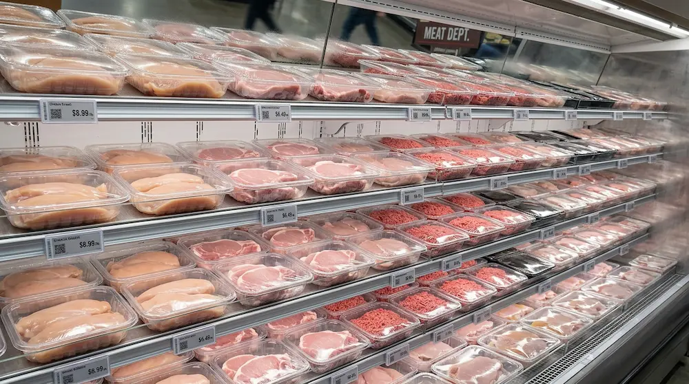 Clear PET meat trays for mixed fresh meat display in large American supermarket refrigerated wall