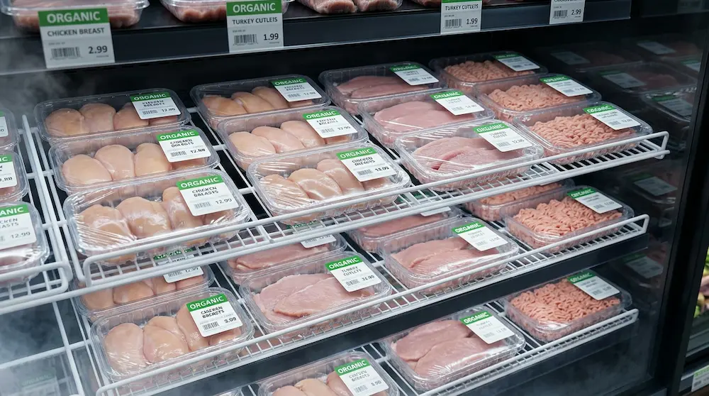 Clear PET meat trays for organic chicken and turkey packaging in chilled retail display