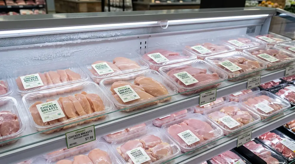 Clear PET meat trays for organic chicken and turkey in premium supermarket display