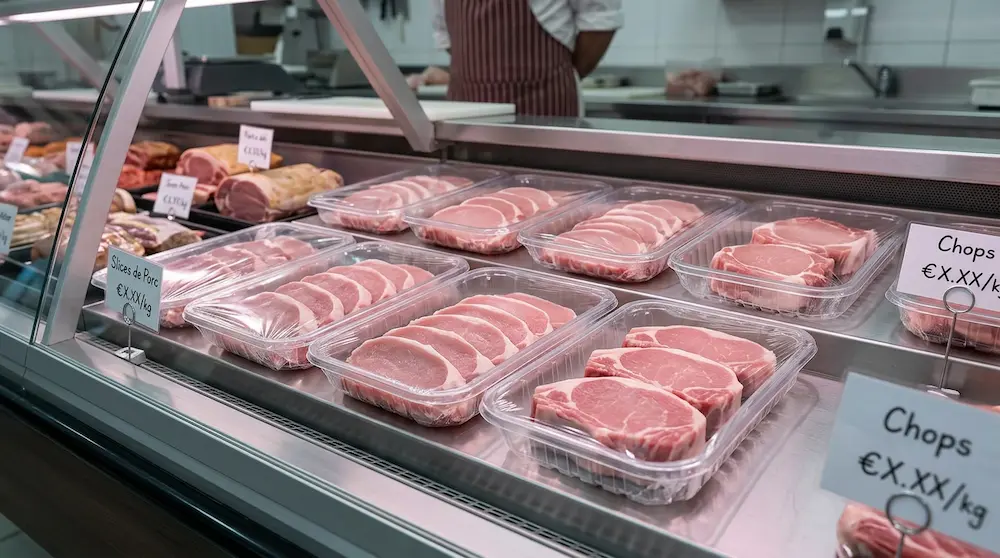 Clear PET meat trays for pork chop display in European butcher counter