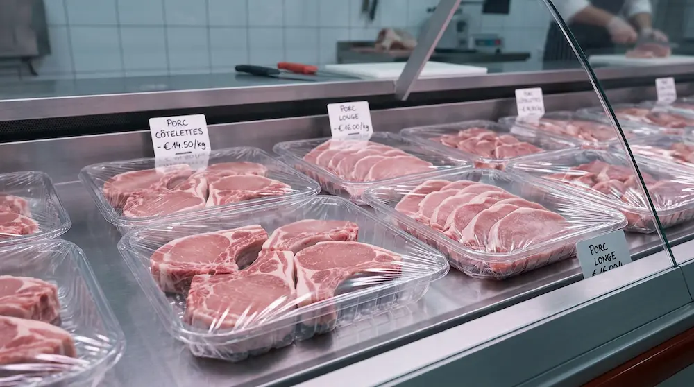 Clear PET meat trays for pork chops in European butcher counter display