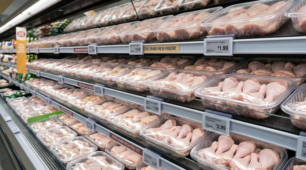 Clear PET meat trays for fresh poultry display in supermarket refrigerated shelf