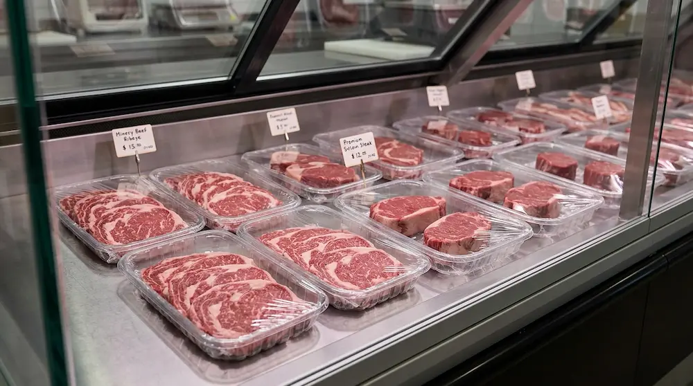 Clear PET meat trays for premium beef cuts in butcher shop glass counter
