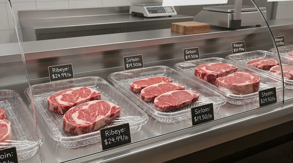 Clear PET meat tray for premium butcher counter steak display