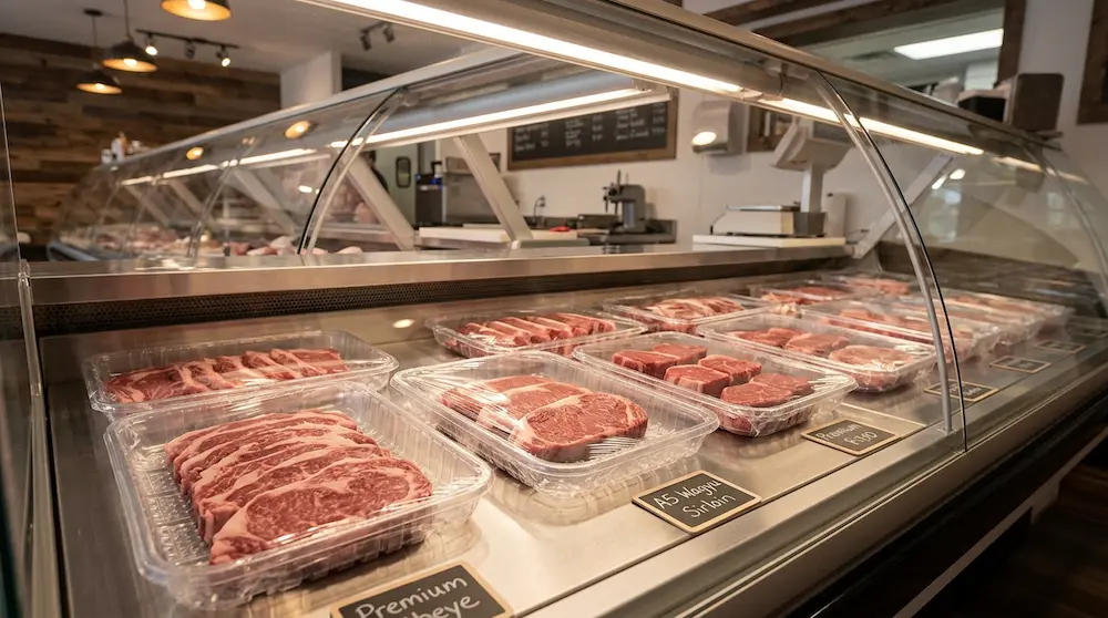Clear PET meat trays for premium butcher shop steak display