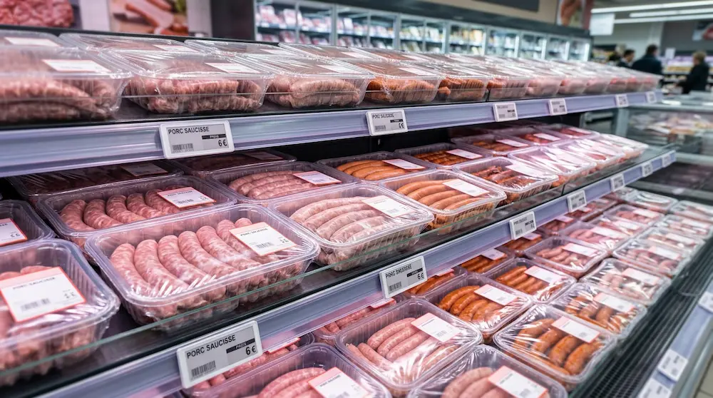 Clear PET meat trays for sausage display in European supermarket shelf