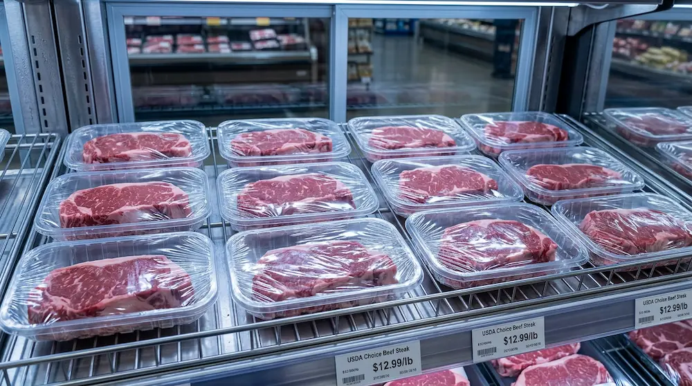 Clear PET meat trays for fresh steak display in a refrigerated supermarket shelf