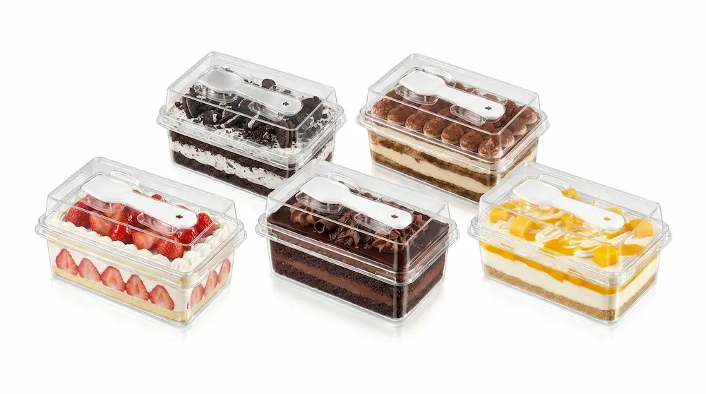 Clear PET mini cake box assortment with spoon lids for bakery dessert packaging