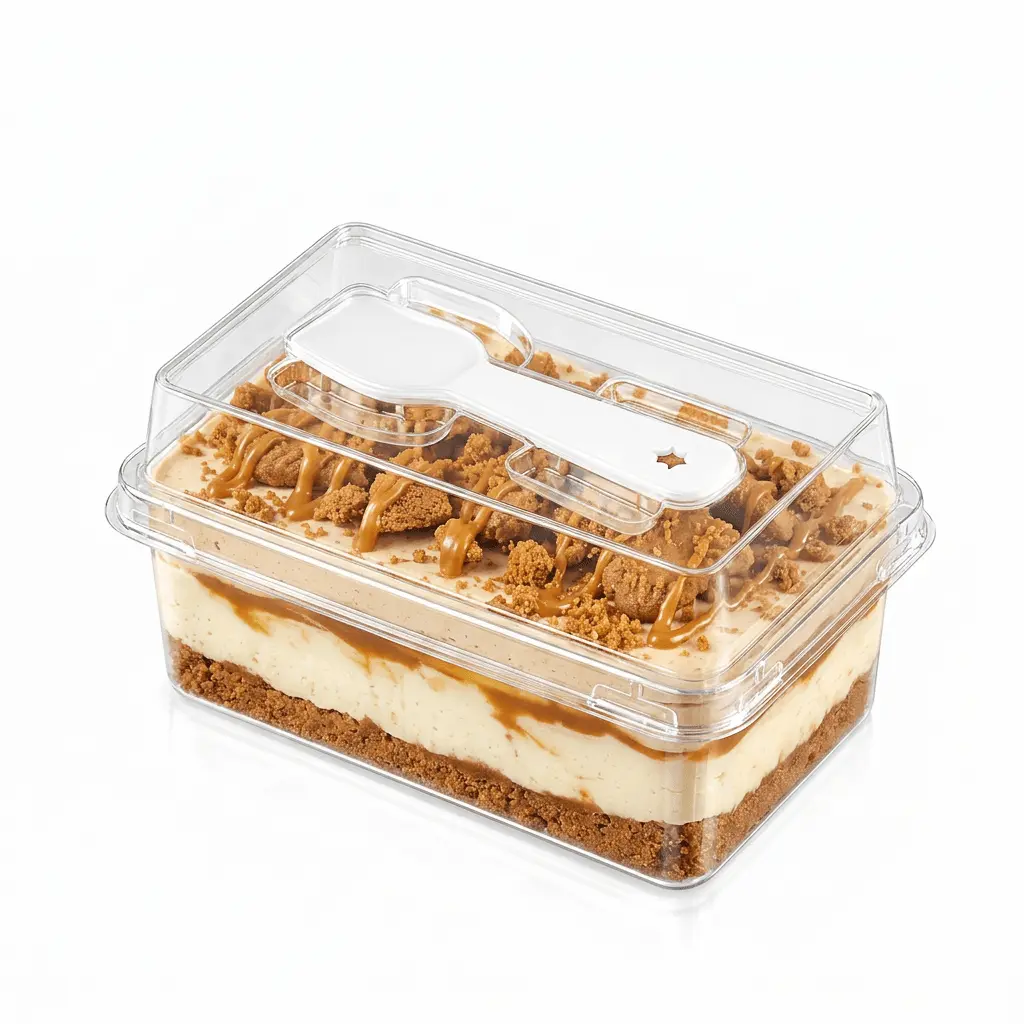 clear-pet-mini-cake-box-biscoff-caramel-cheesecake Clear PET mini cake box with spoon lid for Biscoff caramel cheesecake