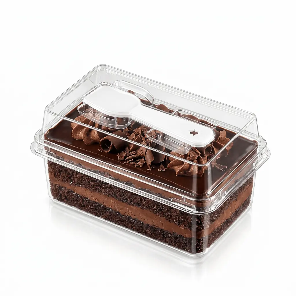 clear-pet-mini-cake-box-chocolate-cake Clear PET mini cake box with spoon lid for chocolate cake packaging