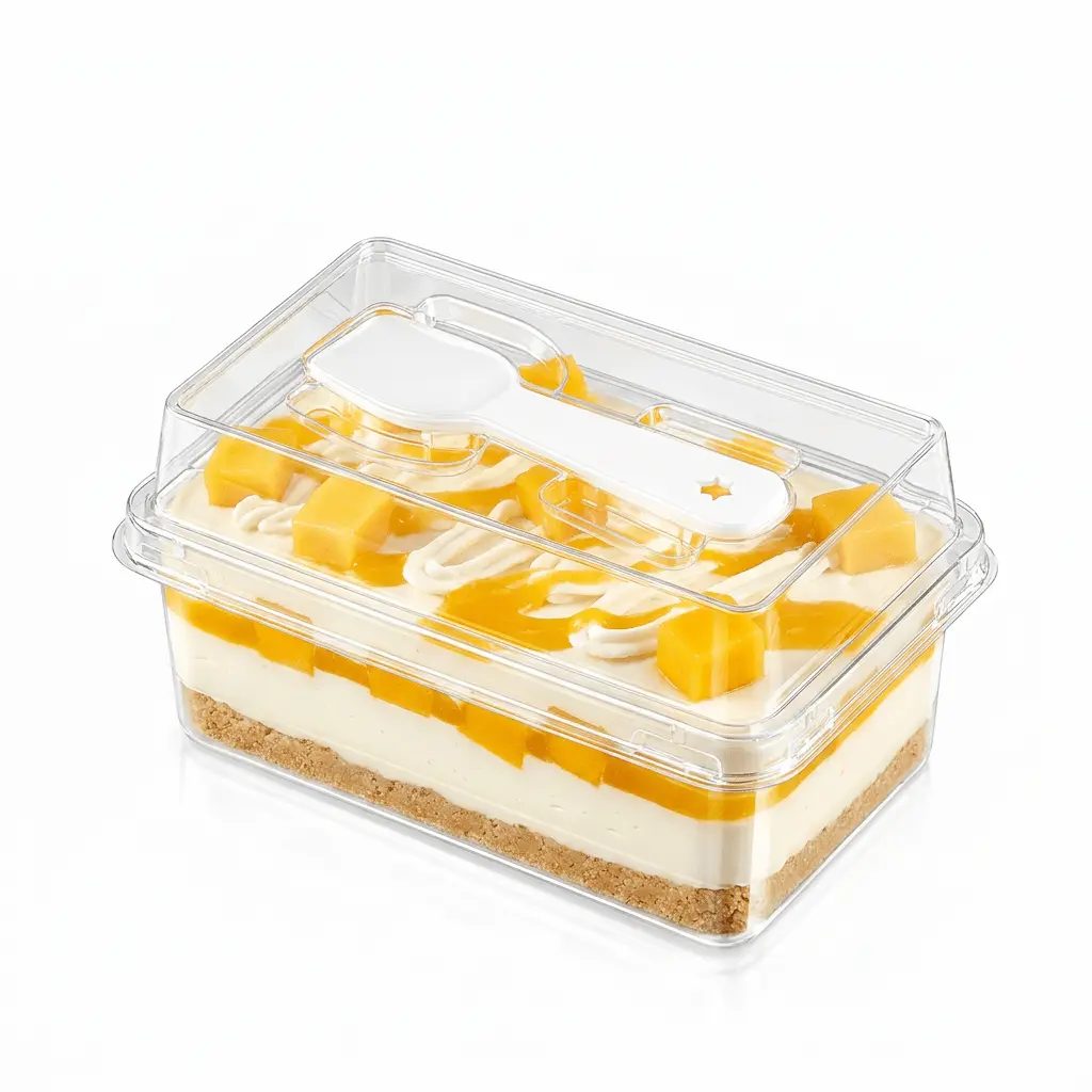 clear-pet-mini-cake-box-mango-cheesecake-spoon-lid Clear PET mini cake box with spoon lid for mango cheesecake dessert packaging