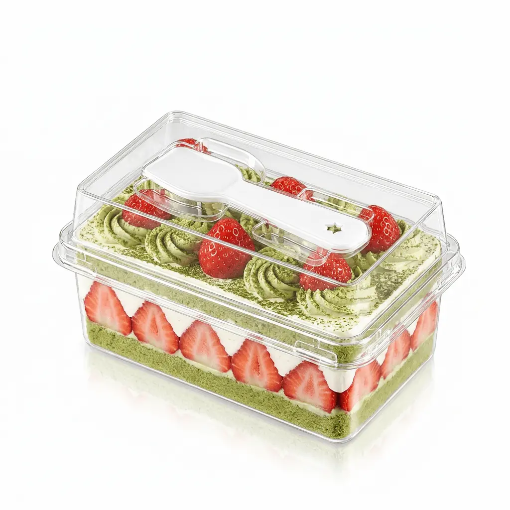 clear-pet-mini-cake-box-matcha-strawberry-cake Clear PET mini cake box with spoon lid for matcha strawberry cake